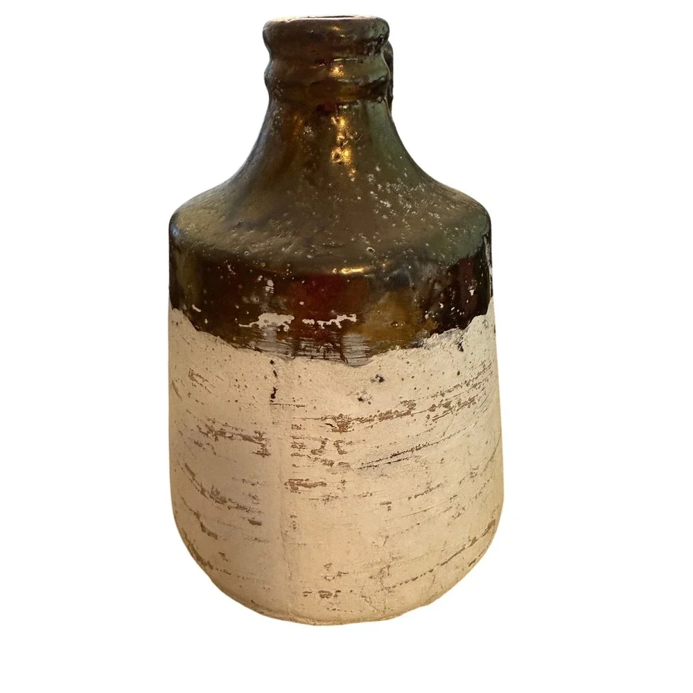 Rustic Farmhouse Ceramic Stoneware Jug Distressed White Bronze Brown 7.75‎ Inch